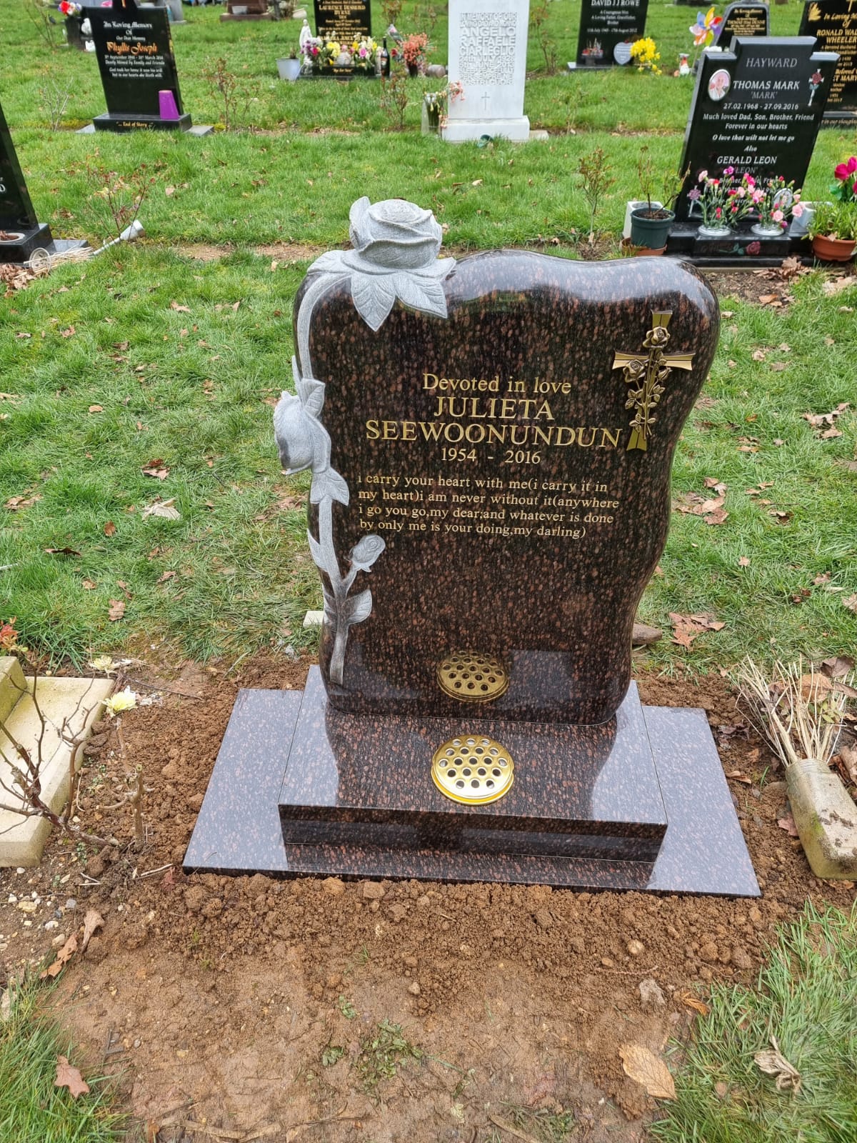 Rustic Headstone With Hand Carved Roses