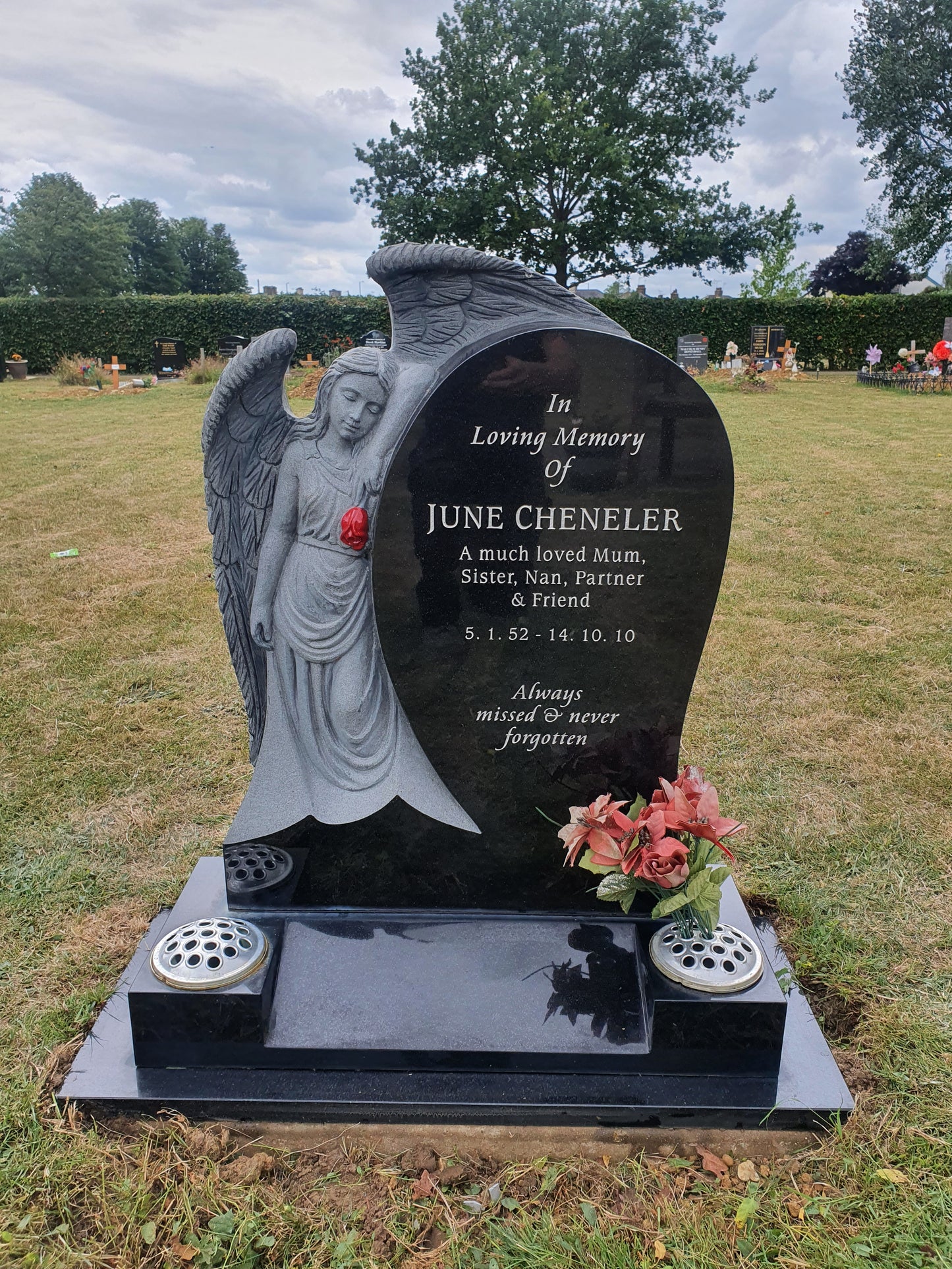 Circular Headstone With 2 Hand Carved Angels