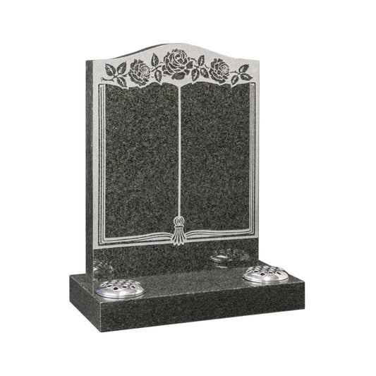 Ogee shaped memorial with sandblasted book and rose design