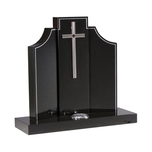 Square top memorial with curved wings, optional cross to center.