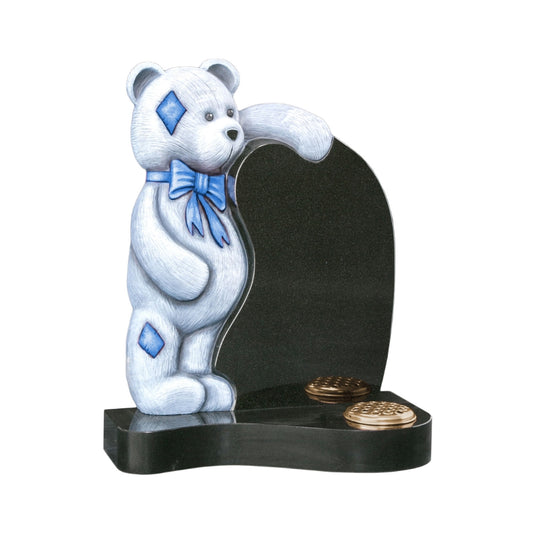 Carved standing teddy bear memorial with curved base to match