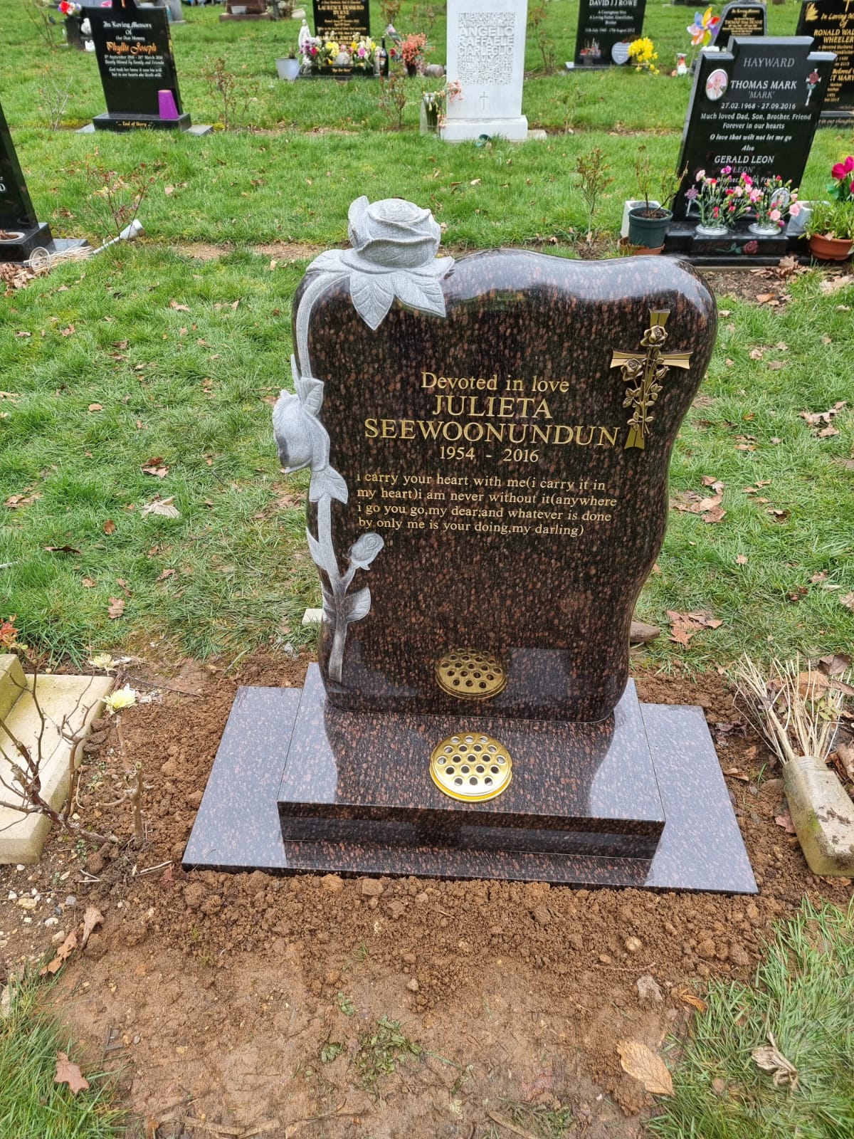 Headstone With Carved Roses To Left
