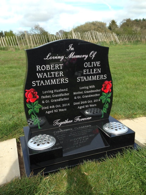 Headstone With Painted Spray Of Lilies