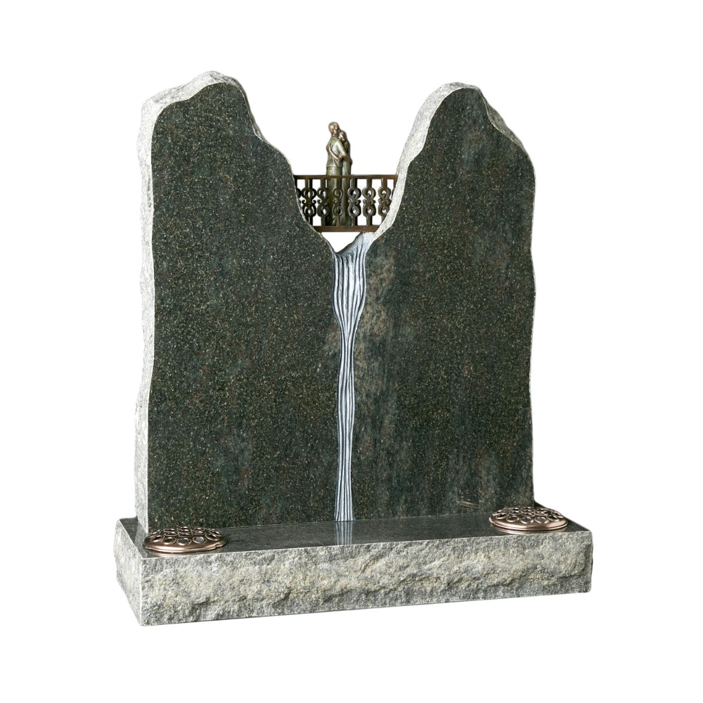 Rustic edge crossing memorial with bridge, figures & carved waterfall