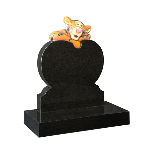 Tiger leaning on heart shaped memorial.