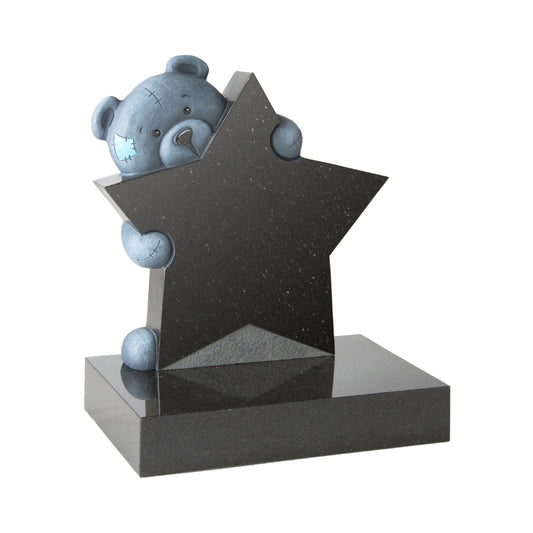 Carved teddy holding a star memorial on square base
