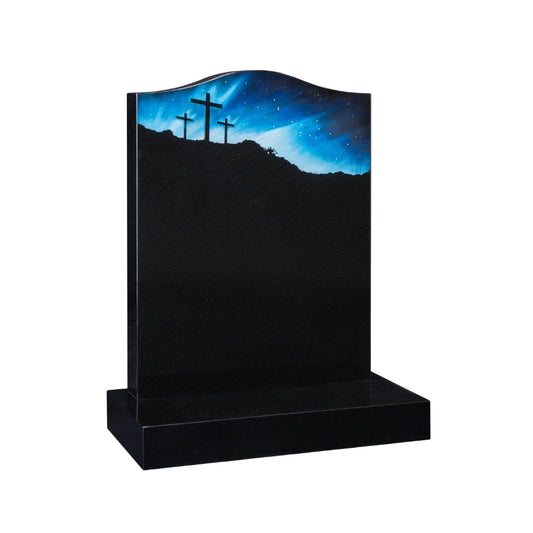 Ogee shape memorial with sandblasted & painted crucifix scene